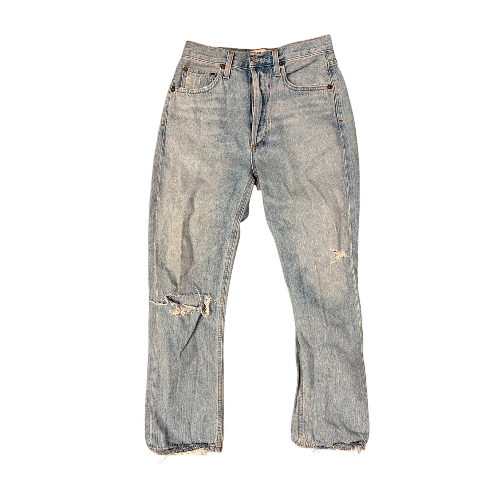 Agolde Women's Straight High Rise Distressed Denim Jeans Sz 25 Riley Button Fly